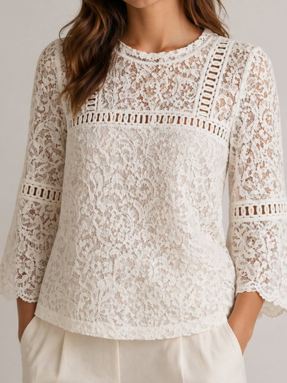Loft Cream Lace Overlay 3/4 Sleeve Shirt XS - Feminine Lace Details